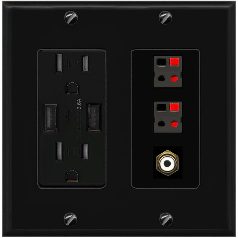 RiteAV 2 Port Speaker Wire Plug Jack Wall Plate with 1 RCA for Subwoofer - USB Outlet [Black/Black]