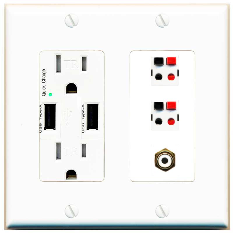 RiteAV 2 Port Speaker Wire Plug Jack Wall Plate with RCA for Subwoofer - USB Charger [White]