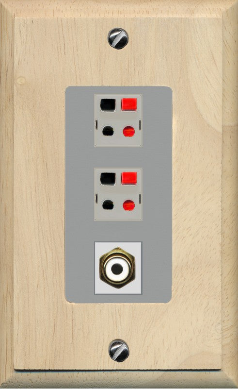 RiteAV 2 Port Speaker Wire Plug Jack Wall Plate with 1 RCA for Subwoofer - 1 Gang Decorative [Wood/Gray]