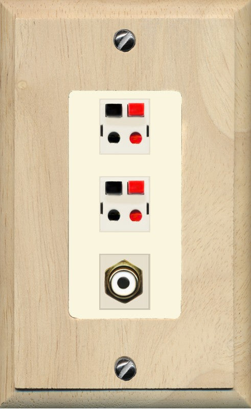 RiteAV 2 Port Speaker Wire Plug Jack Wall Plate with 1 RCA for Subwoofer - 1 Gang Decorative [Wood/Light-Almond]