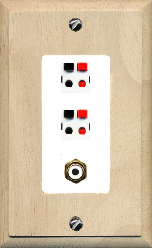 RiteAV 2 Port Speaker Wire Plug Jack Wall Plate with 1 RCA for Subwoofer - 1 Gang Decorative [Wood/White]