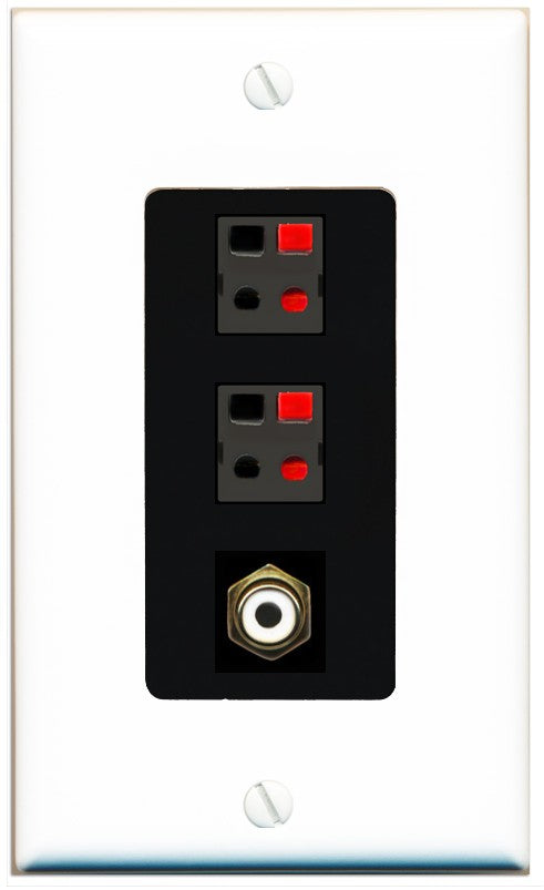 RiteAV 2 Port Speaker Wire Plug Jack Wall Plate with 1 RCA for Subwoofer - 1 Gang Decorative [White/Black]