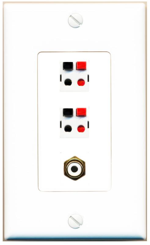 RiteAV 2 Port Speaker Wire Plug Jack Wall Plate with RCA for Subwoofer - 1 Gang [White]
