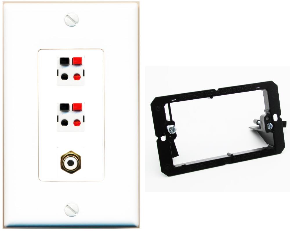 RiteAV 2 Port Speaker Wire Plug Jack Wall Plate with RCA for Subwoofer - Bracket [White]
