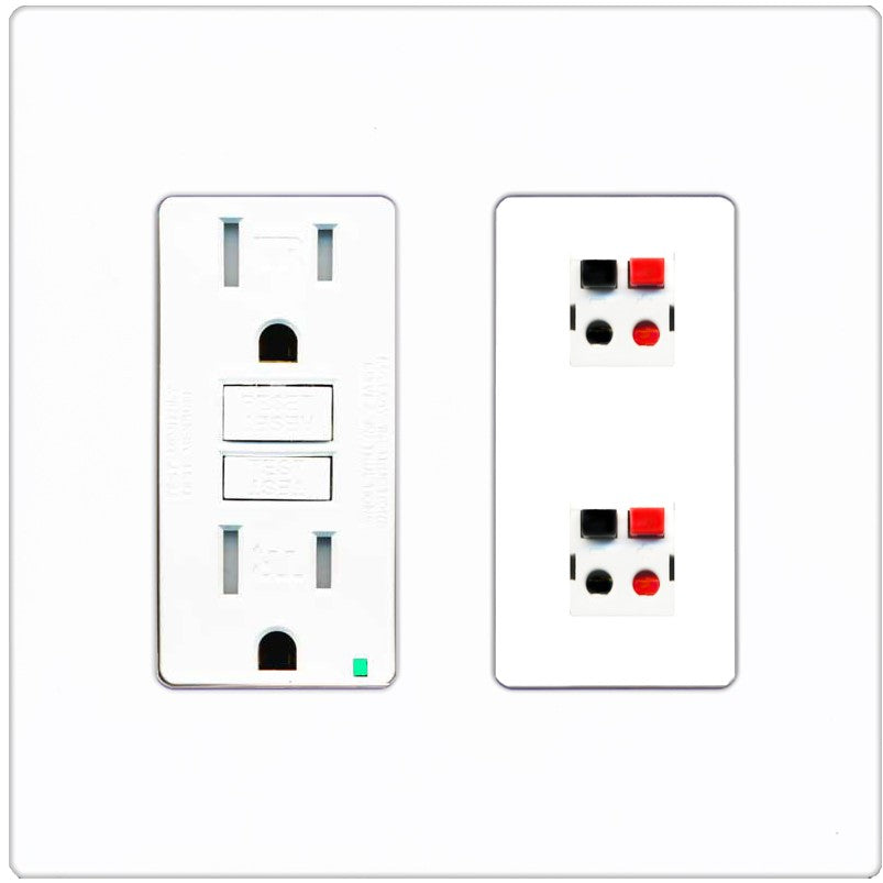 RiteAV 2 Port Speaker Wire Plug Jack Wall Plate - GFCI Outlet [Screwless White]