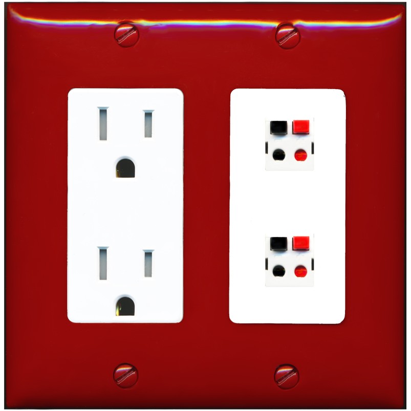 RiteAV 2 Port Speaker Wire Plug Jack Wall Plate - Tamper-Resistant Outlet [Red/White]