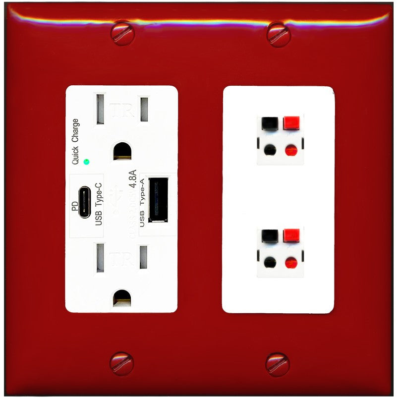 RiteAV 2 Port Speaker Wire Plug Jack Wall Plate - USB A+C Outlet [Red/White]