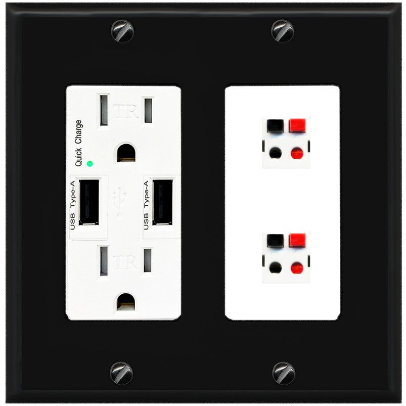 RiteAV 2 Port Speaker Wire Plug Jack Wall Plate - USB Outlet [Black/White]