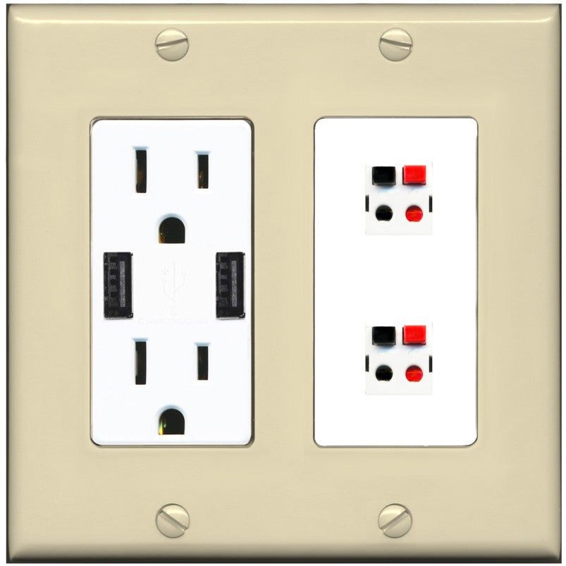 RiteAV 2 Port Speaker Wire Plug Jack Wall Plate - USB Outlet [Ivory/White]