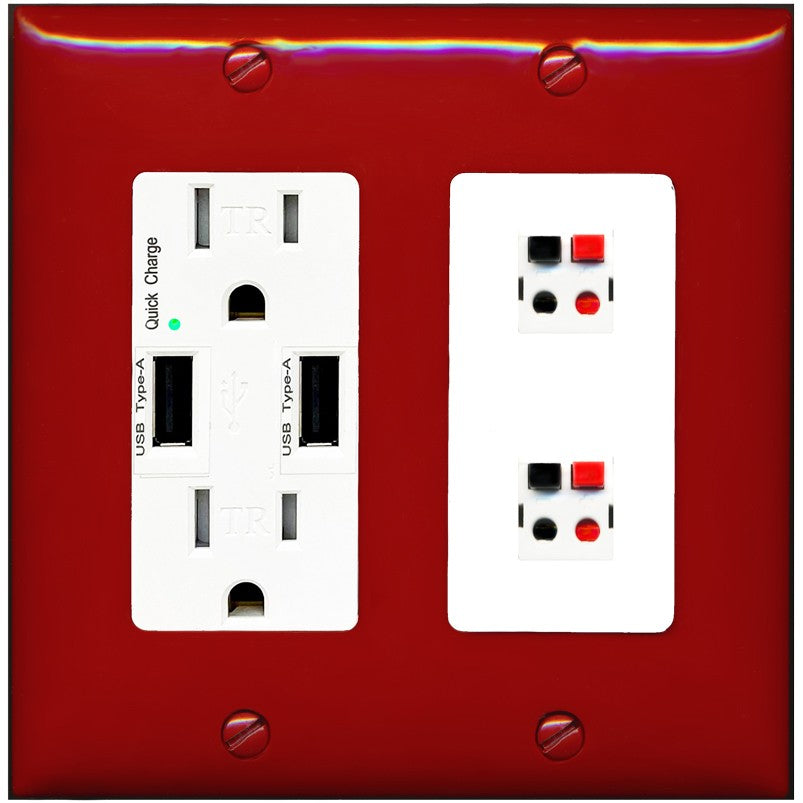 RiteAV 2 Port Speaker Wire Plug Jack Wall Plate - USB Outlet [Red/White]