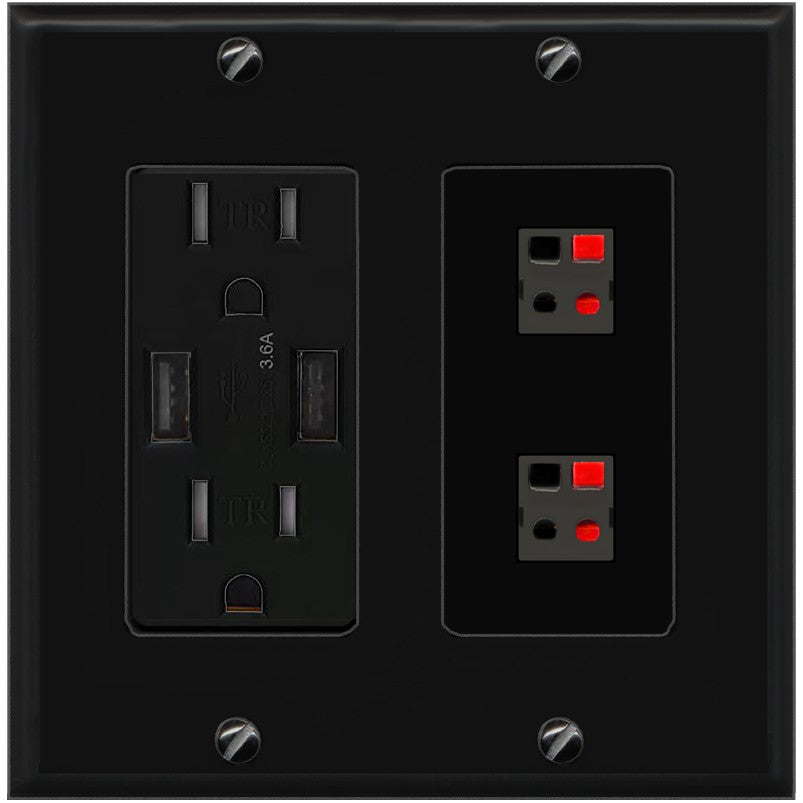 RiteAV 2 Port Speaker Wire Plug Jack Wall Plate - USB Outlet [Black/Black]