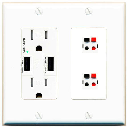 RiteAV 2 Port Speaker Wire Plug Jack Wall Plate - USB Charger [White]