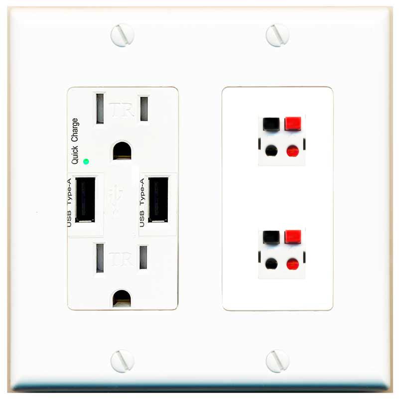 RiteAV 2 Port Speaker Wire Plug Jack Wall Plate - USB Charger [White]