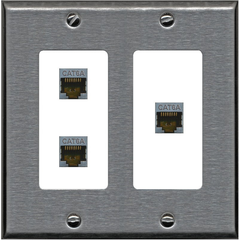 RiteAV 3 Port Cat6A Ethernet Wall Plate - 2 Gang [Stainless/White]