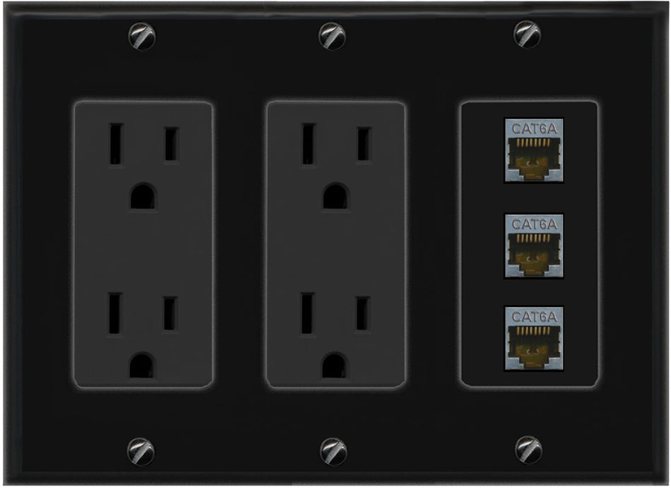 RiteAV 3 Port Cat6A Ethernet Wall Plate - 3 Gang 2 Outlet [Black/Black]