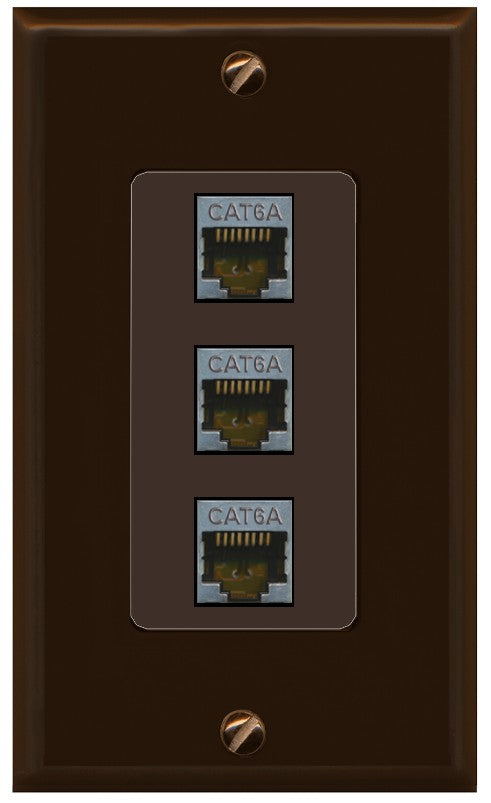 RiteAV 3 Port Cat6A Ethernet Wall Plate - 1 Gang Decorative [Brown/Brown]