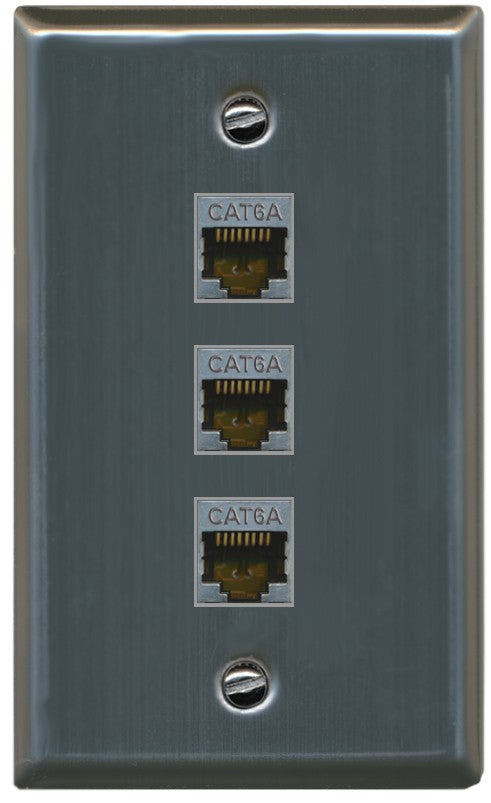 RiteAV 3 Port Cat6A Ethernet Wall Plate - Flat Style [Stainless Steel]