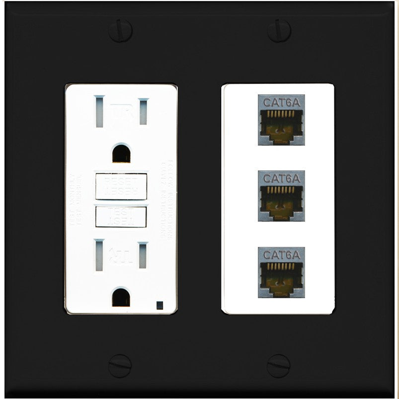 RiteAV 3 Port Cat6A Ethernet Wall Plate - GFCI Outlet [Black/White]