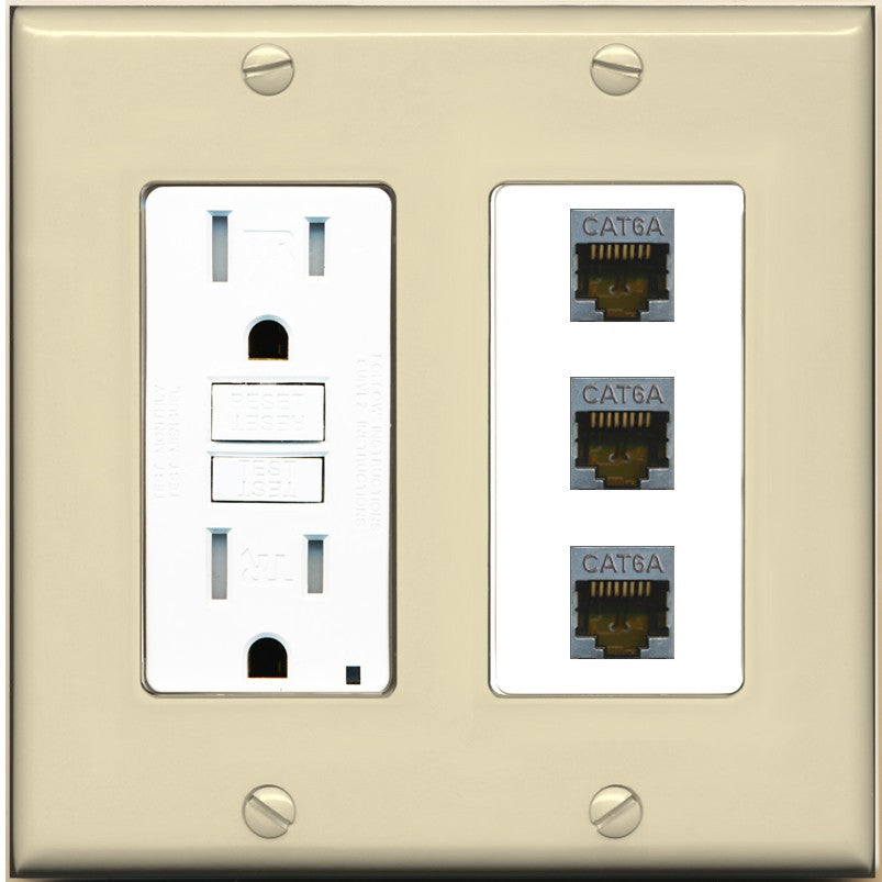 RiteAV 3 Port Cat6A Ethernet Wall Plate - GFCI Outlet [Ivory/White]