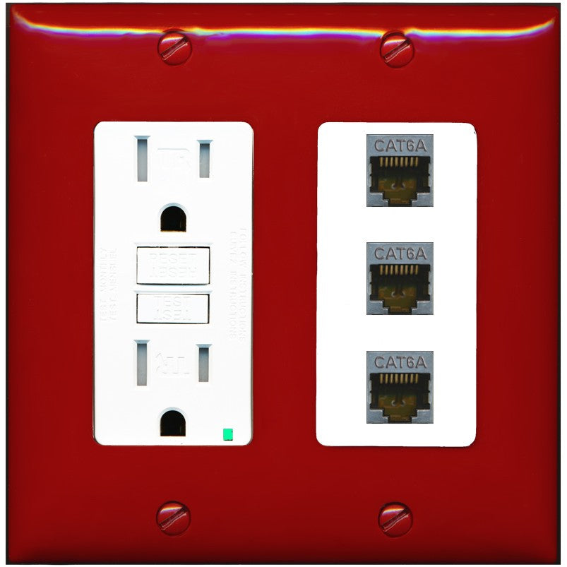 RiteAV 3 Port Cat6A Ethernet Wall Plate - GFCI Outlet [Red/White]