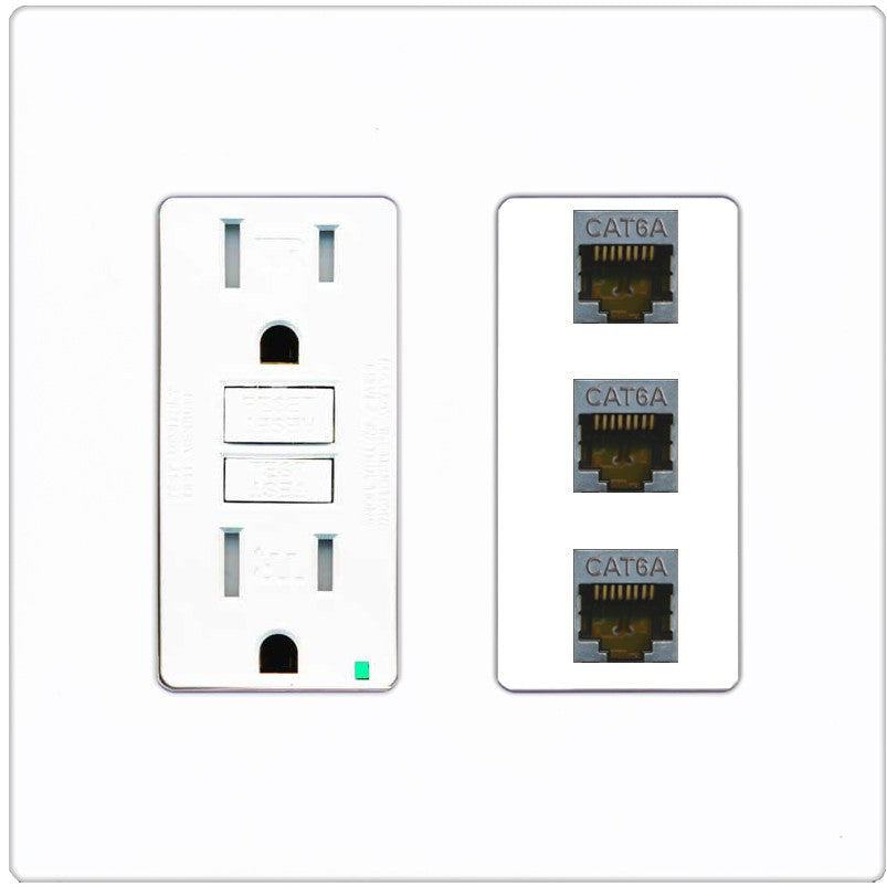 RiteAV 3 Port Cat6A Ethernet Wall Plate - GFCI Outlet [Screwless White]