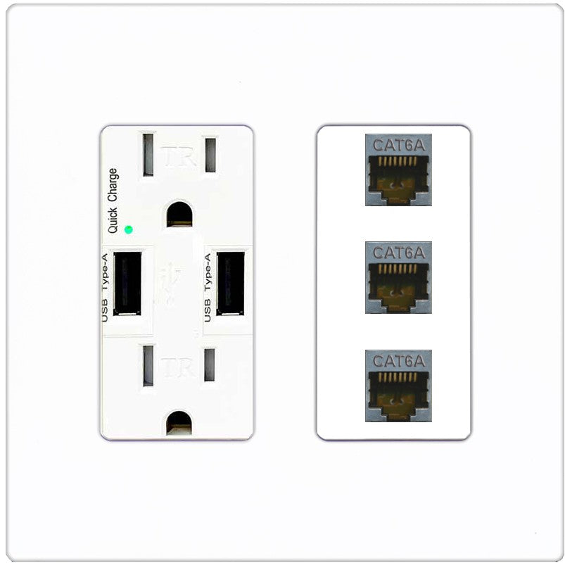 RiteAV 3 Port Cat6A Ethernet Wall Plate - USB Outlet [Screwless White]