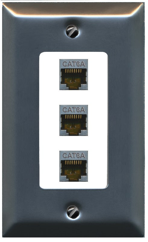 RiteAV 3 Port Cat6A Ethernet Wall Plate - 1 Gang Decorative [Stainless/White]