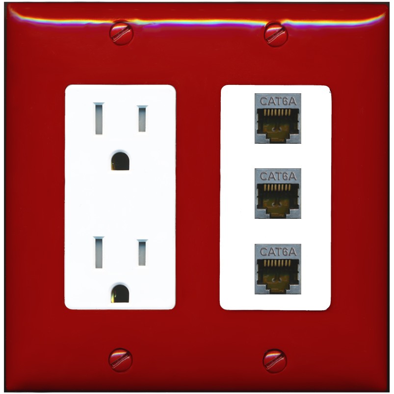 RiteAV 3 Port Cat6A Ethernet Wall Plate - Tamper-Resistant Outlet [Red/White]
