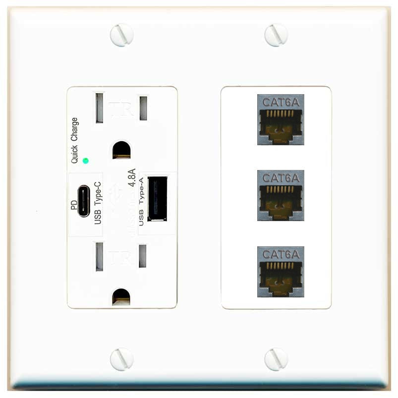 RiteAV 3 Port Cat6A Ethernet Wall Plate - USB A+C Outlet [White]