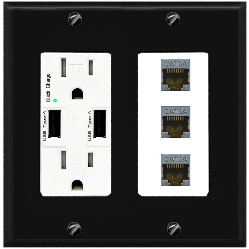RiteAV 3 Port Cat6A Ethernet Wall Plate - USB Outlet [Black/White]
