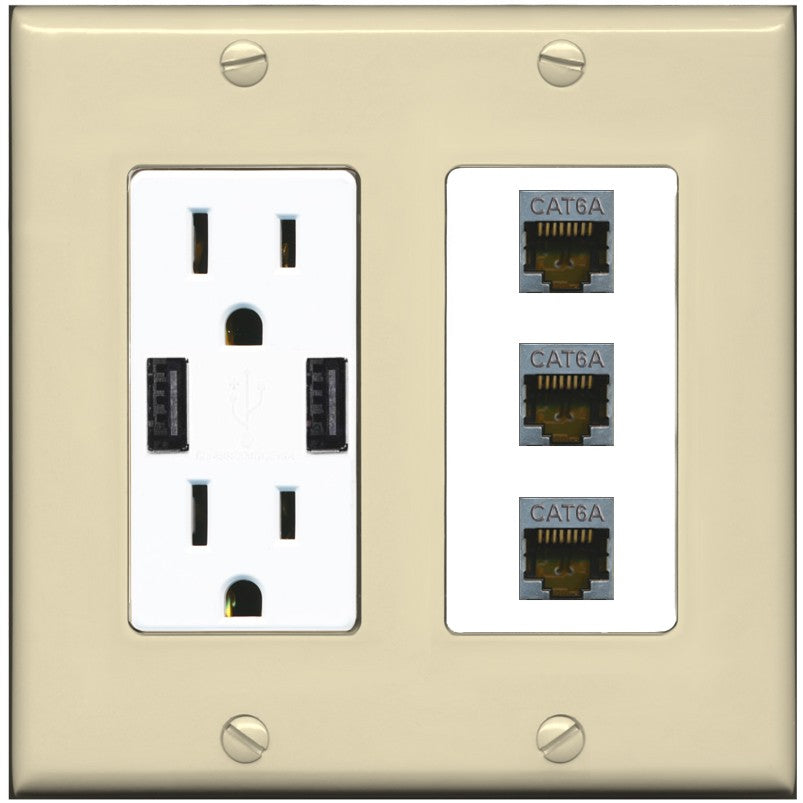 RiteAV 3 Port Cat6A Ethernet Wall Plate - USB Outlet [Ivory/White]