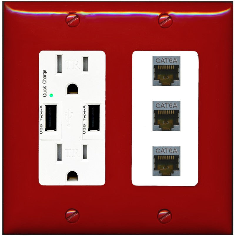 RiteAV 3 Port Cat6A Ethernet Wall Plate - USB Outlet [Red/White]