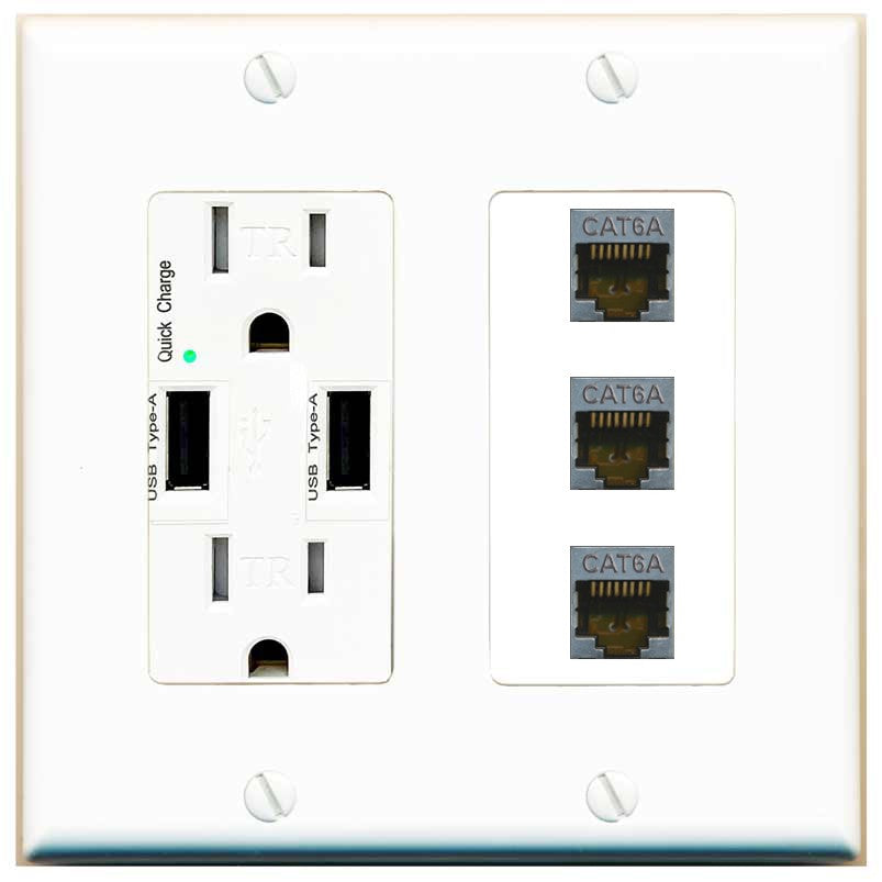 RiteAV 3 Port Cat6A Ethernet Wall Plate - USB Outlet [White]