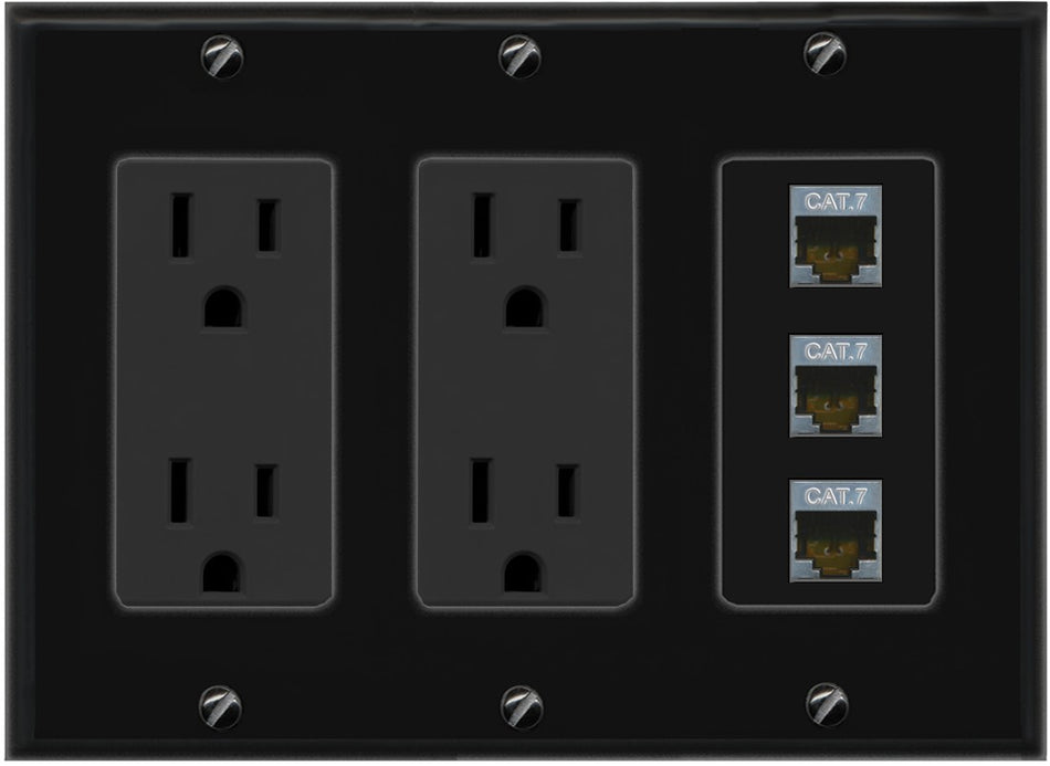 RiteAV 3 Port Cat7 Shielded Ethernet Wall Plate - 3 Gang 2 Outlet [Black/Black]
