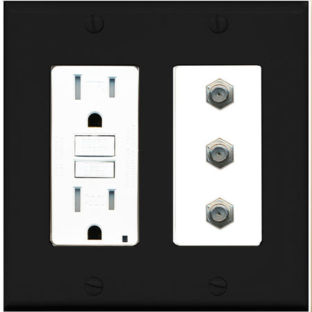 RiteAV - 3 Port Coax Cable TV- F-Type Wall Plate - GFCI Outlet [Black/White]
