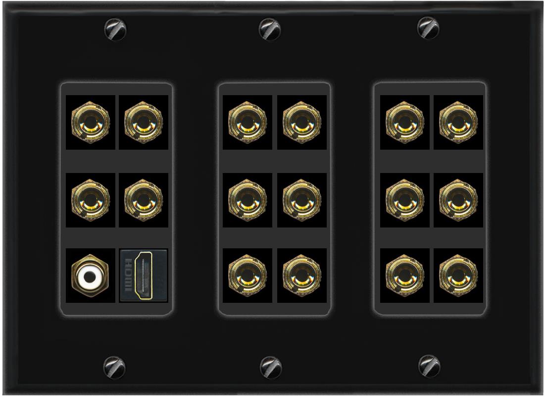 3 Gang 8.1 Surround Sound Speaker Banana Wall plate with HDMI and RCA Female to Female Connectors - Black