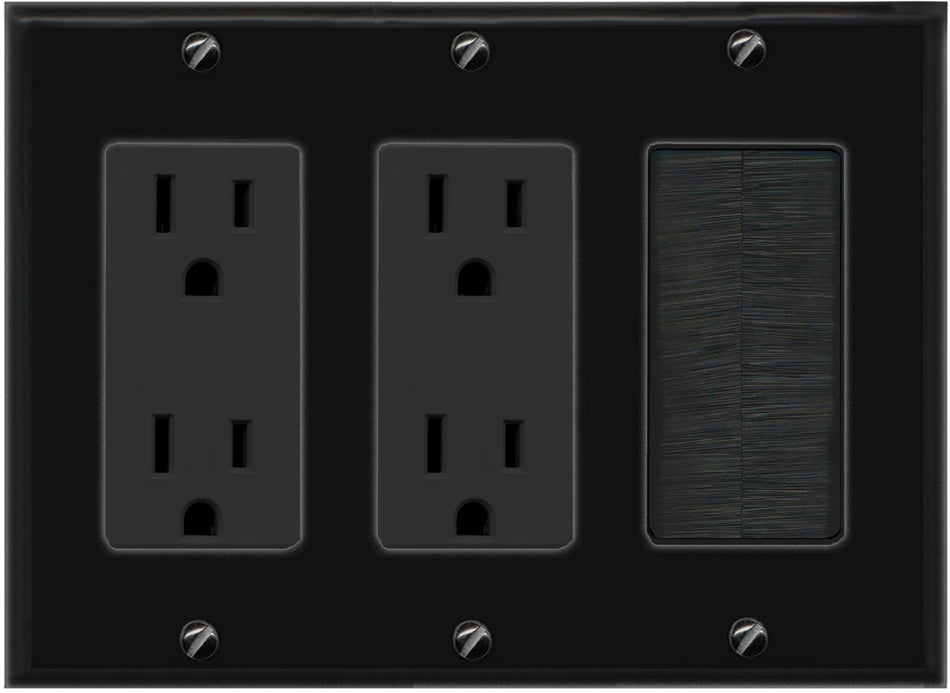 RiteAV - Triple 3 Gang Brush Wall Plate Faceplate + 2 Decorative 15A Power Outlets - Cable Cover with Mesh Bristles Black