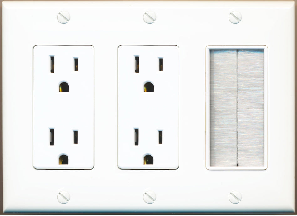 RiteAV - Triple 3 Gang Brush Wall Plate Faceplate + 2 Decorative 15A Power Outlets - Cable Cover with Mesh Bristles White