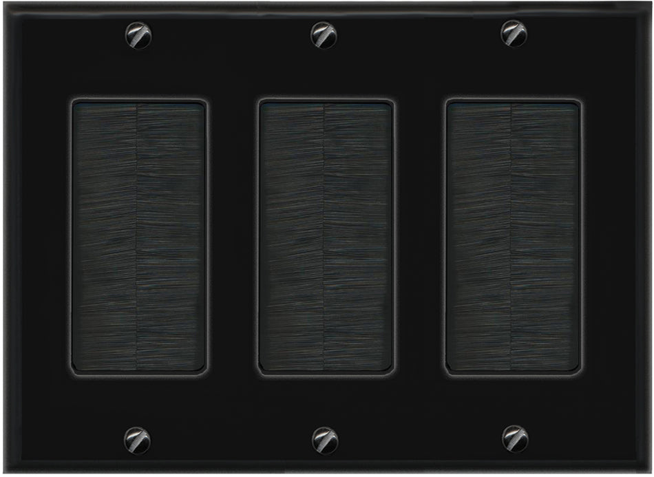 RiteAV - Triple 3 Gang Brush Wall Plate Faceplate Outlet Cable Cover with Mesh Bristles Black