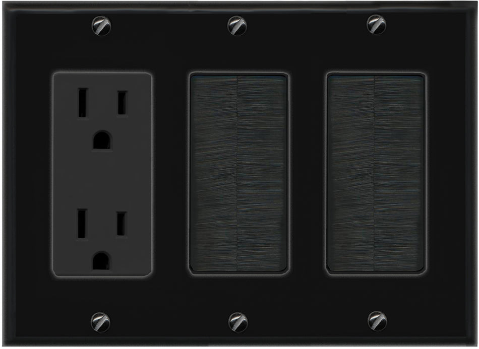 RiteAV - Triple 3 Gang Brush Wall Plate Faceplate + Decorative 15A Power Outlet - Cable Cover with Mesh Bristles Black