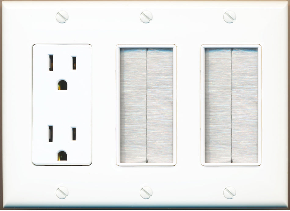 RiteAV - Triple 3 Gang Brush Wall Plate Faceplate + Decorative 15A Power Outlet - Cable Cover with Mesh Bristles White
