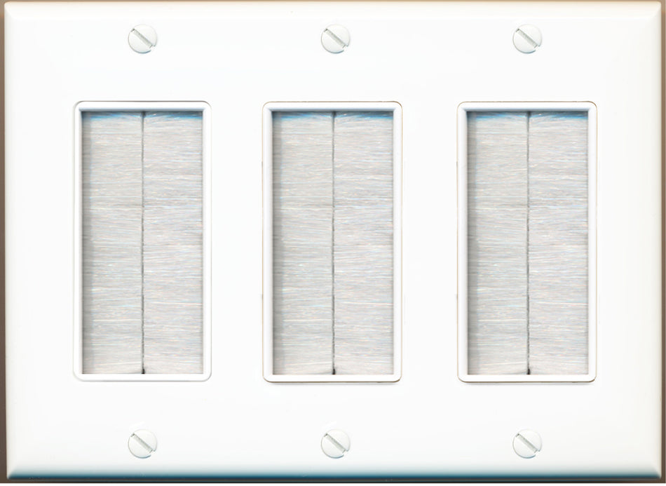 RiteAV - Triple 3 Gang Brush Wall Plate Faceplate Outlet Cable Cover with Mesh Bristles White