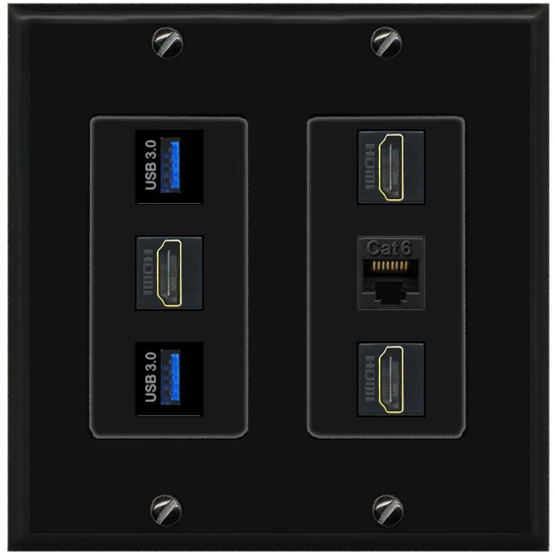 RiteAV 3 Port HDMI 2 Port USB 3.0 1 CAT6-RJ45 Wall Plate - 2 Gang [Black/Black]