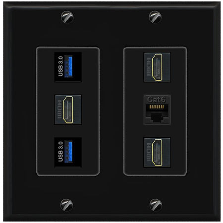 RiteAV 3 Port HDMI 2 Port USB 3.0 1 CAT6-RJ45 Wall Plate - 2 Gang [Black/Black]
