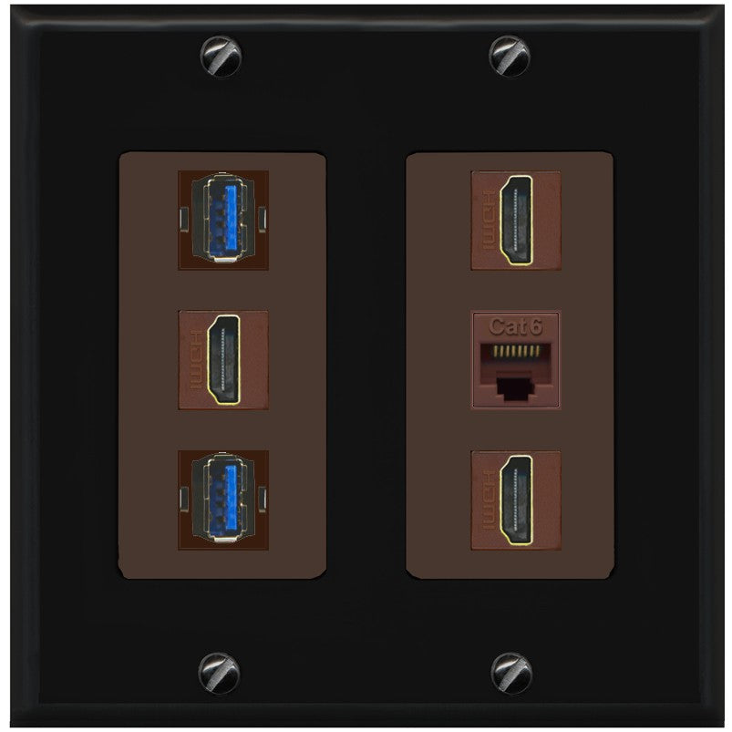 RiteAV 3 Port HDMI 2 Port USB 3.0 1 CAT6-RJ45 Wall Plate - 2 Gang [Black/Brown]