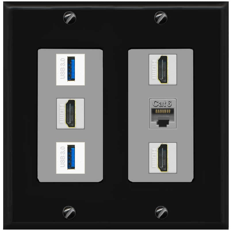 RiteAV 3 Port HDMI 2 Port USB 3.0 1 CAT6-RJ45 Wall Plate - 2 Gang [Black/Gray]