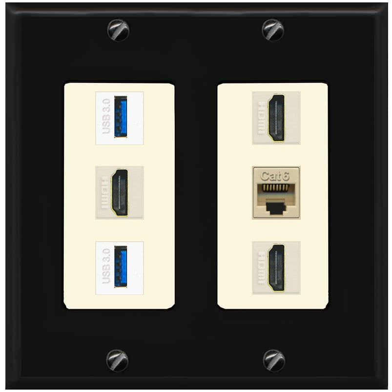 RiteAV 3 Port HDMI 2 Port USB 3.0 1 CAT6-RJ45 Wall Plate - 2 Gang [Black/Light-Almond]