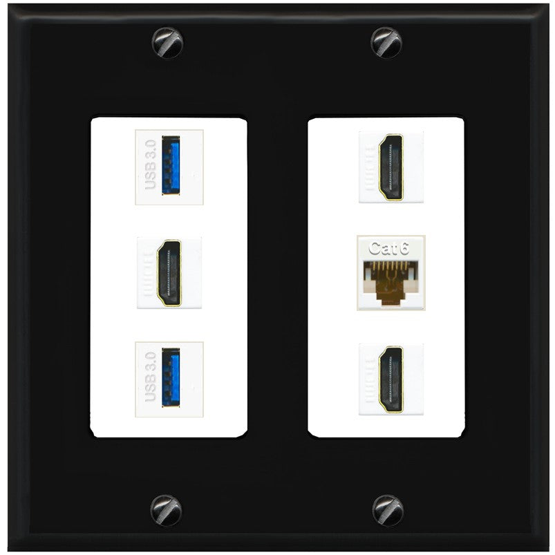 RiteAV 3 Port HDMI 2 Port USB 3.0 1 CAT6-RJ45 Wall Plate - 2 Gang [Black/White]