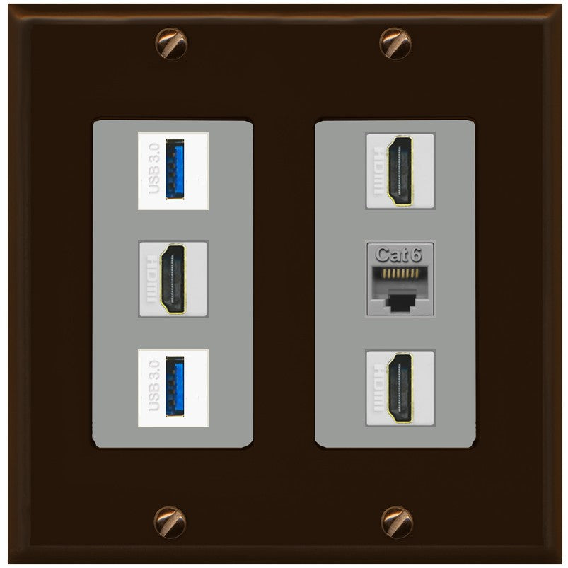 RiteAV 3 Port HDMI 2 Port USB 3.0 1 CAT6-RJ45 Wall Plate - 2 Gang [Brown/Gray]