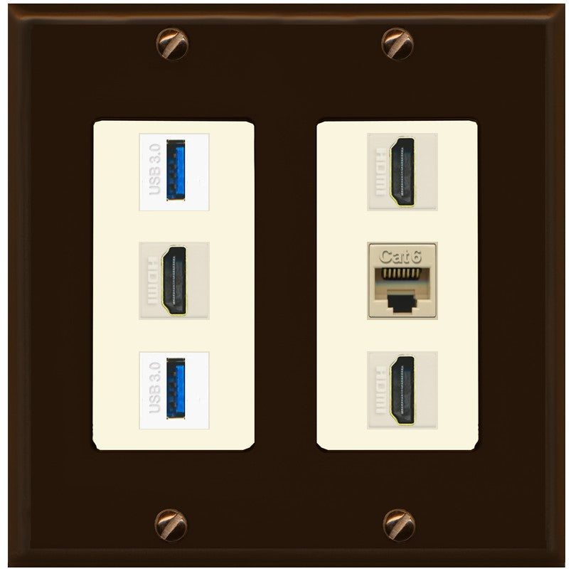 RiteAV 3 Port HDMI 2 Port USB 3.0 1 CAT6-RJ45 Wall Plate - 2 Gang [Brown/Light-Almond]